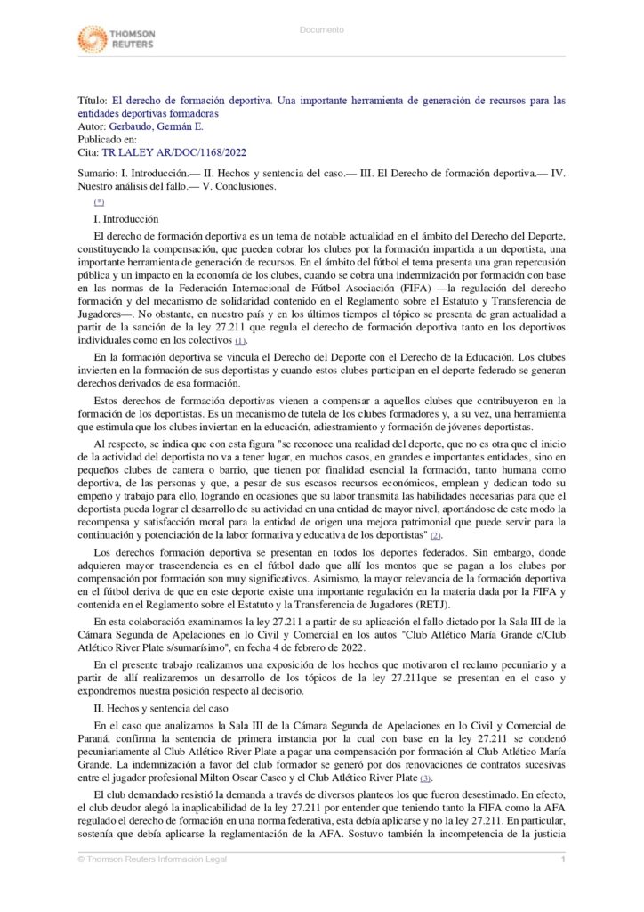 Derecho de Formación Deportiva, Autor: Gerbaudo, Germán E.